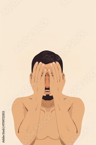 Stressed man covering face with hands in despair, portraying anxiety, mental health struggles, and emotional vulnerability during crisis