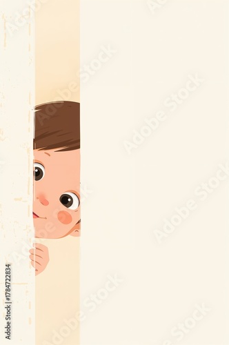Adorable little boy playfully peeking from behind a curtain, a charming illustration filled with innocence and childhood wonder