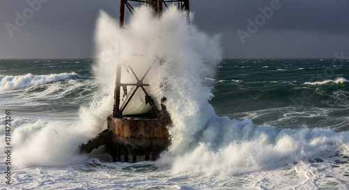 Fototapeta Naklejka Na Ścianę i Meble -  Waves crashing against a wooden structure in the ocean during a storm