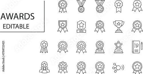 Award medal and trophy icons set, achievement recognition badges, winner certificate, best performance prize design, cad drawing flat vector illustration