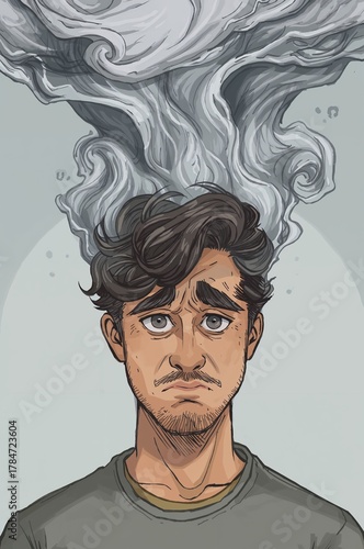 Stressed young man with smoke coming out of his head representing burnout, anxiety, mental health issues, and feeling overwhelmed by pressure