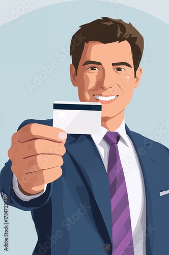 Confident businessman proudly presents a credit card, offering financial solutions and easy payment options in a professional setting.