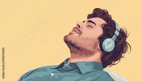 Young man with headphones closed eyes enjoying music, finding peace and relaxation in sound