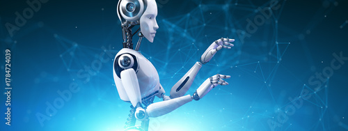 Humanoid Robot with Artificial Intelligence Gesturing in a Futuristic Digital Environment 3d render.
