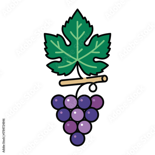 a minimalist modern vector icon of a grapevine leaf with fruit, using emerald green, violet purple, and soft beige tones, isolated on a solid white background.
