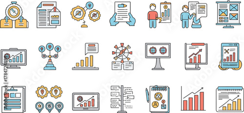 Business analytics icons set, data chart, performance report, teamwork strategy, growth planning and productivity management concept, cad drawing flat vector illustration
