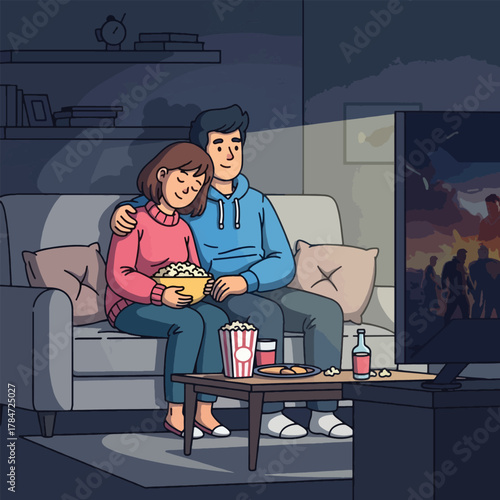 Couple watching a movie at home, sitting on a couch with popcorn and drinks.