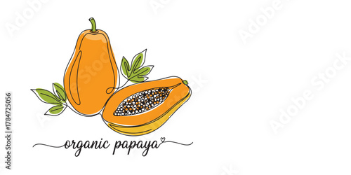 Minimalist line art of organic papaya, featuring a whole papaya and a sliced one showing seeds, with green leaves accenting the composition, vegetarian and vegan lifestyle visuals