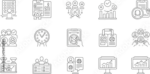 Human resource management icons, recruitment, employee performance, teamwork and business analytics concept, job interview and selection process, cad drawing flat vector illustration