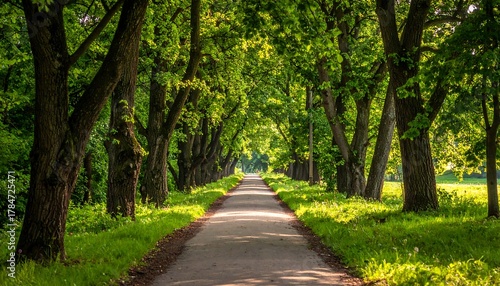 Tree-lined path recedes into distance, sunlight filtering through green canopy, grass on sides