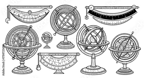 Collection of antique astronomical instruments and globes in vintage engraving style.