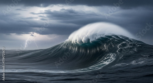 Fototapeta Naklejka Na Ścianę i Meble -  Majestic ocean wave cresting under a stormy sky with a lightning strike