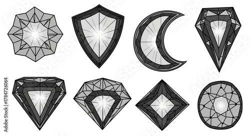 Collection of hand drawn monochrome gems and jewels in various shapes.