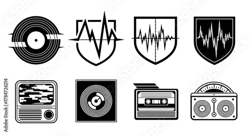 Collection of music related icons and symbols in black and white style.