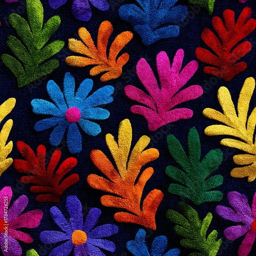 Vibrant embroidered floral and leaf pattern on dark background