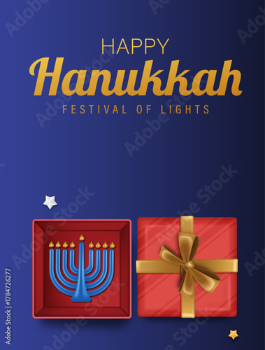 Elegant Hanukkah greeting design with menorah and golden wrapped gift boxes on blue background for Jewish Festival of Lights celebration. Hanukkah Poster Design Vector Illustration 