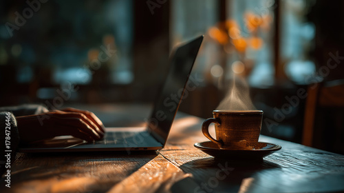 Cafe workspace with close up of laptop user enjoying coffee and remote work atmosphere