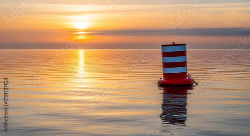 Fototapeta Naklejka Na Ścianę i Meble -  A red and white buoy floats in the sea during a vibrant sunset scene