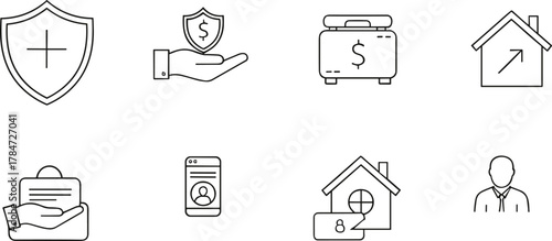 Business insurance, finance protection, savings growth, and security service icon collection with house, money, and hand symbol, cad drawing flat vector illustration