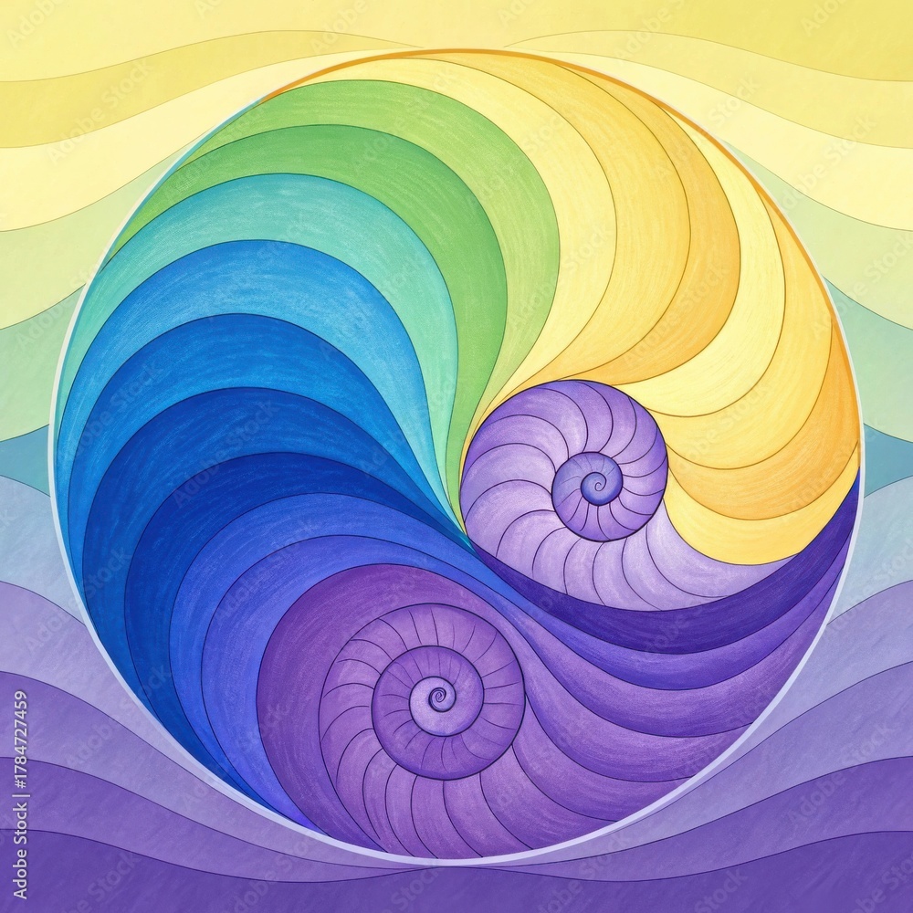 Obraz premium Vibrant rainbow spiral nautilus shell pattern with wavy background