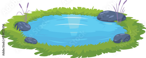Cartoon pond illustration, vector nature scene, calm water, green grass, rocks, tall plants, outdoor landscape, children’s book style, decorative art