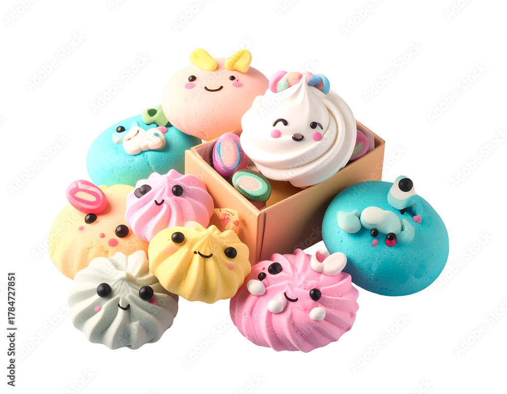 Fototapeta premium Colorful kawaii-style plush toys resembling adorable creatures with cute facial expressions and playful designs