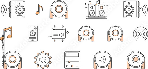 Music speaker icons set, sound system elements, audio equipment collection, minimalist line art for digital design, cad drawing flat vector illustration