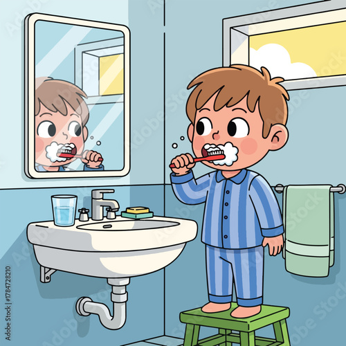 A young boy in blue striped pajamas brushing his teeth in the bathroom, standing on a stool in front of a mirror.