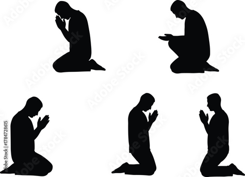 Silhouettes of Person Kneeling in Prayer and Meditation, Spiritual Reflection, Religious Devotion, Peaceful Worship, Reverent Posture, Faithful Contemplation