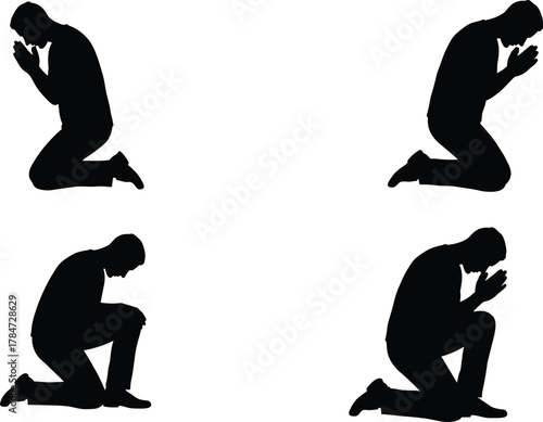 Silhouettes of Person Kneeling in Prayer, Spiritual Devotion, Religious Reflection, Peaceful Worship, Humble Posture, Meditation Pose, Faithful Contemplation Scene