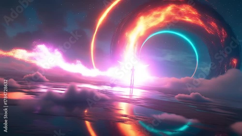 Figure in Red Cape Stands on Rocky Outcrop Gazing at Fiery Cosmic Rings and Reflective Water Surface Under a Cloudy Sky with Stars