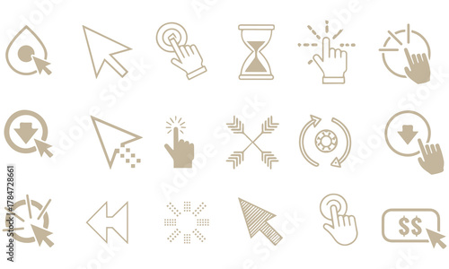 A versatile collection of digital cursor, pointer, and hand click icons in various modern styles. Perfect for web design, user interface elements, technology graphics, and creative digital projects  .