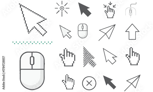 A versatile collection of digital cursor, pointer, and hand click icons in various modern styles. Perfect for web design, user interface elements, technology graphics, and creative digital projects  .