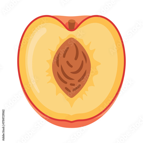 a minimalist modern vector icon of a nectarine half, using warm peach, golden yellow, and red edges, isolated on a solid white background.