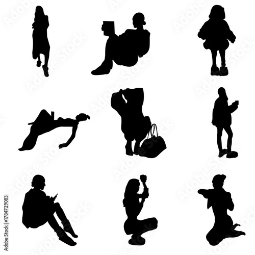 A creative collection of 9 black vector silhouettes of people in casual poses - reading, photographiing, using a phone, stretching, walking, and relaxing. Everyday rhythm perfect for architecture.