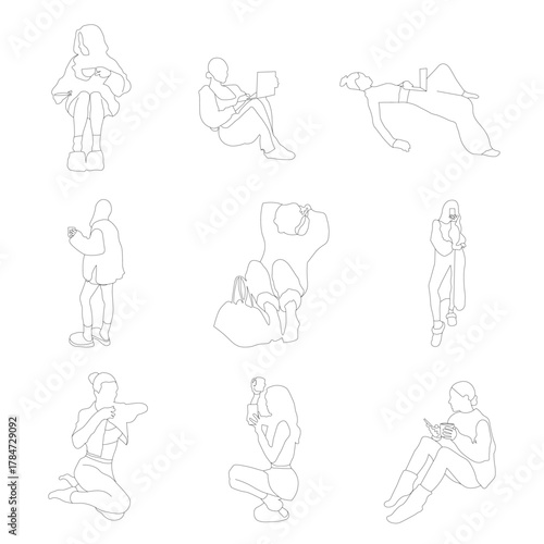 Collection of 9 minimalist vector silhouettes of people in calm, everyday poses - reading books, using smarthones, drinking coffe, and sitting comfortably. Perfect for architectural layouts, creative.