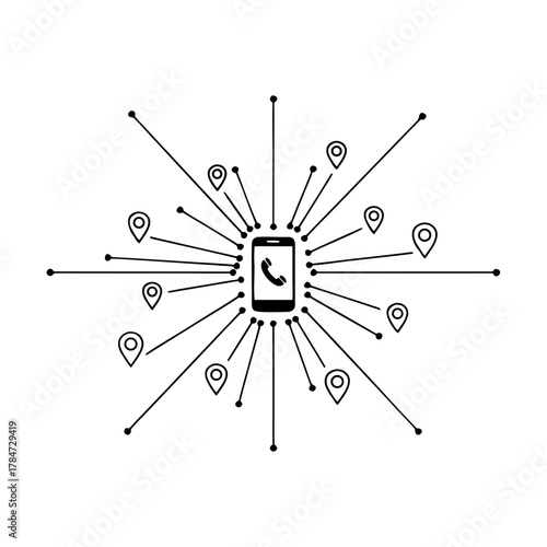 Phone geolocation icon on transparent background, minimalistic design, outlining style