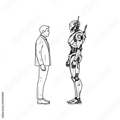 Robot and human working together icon on transparent background, minimalistic design, outlining style