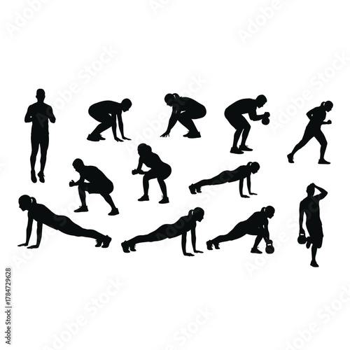 Silhouette collection of people doing fitness exercises sport and healthy lifestyle concept