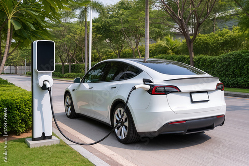 Electric Vehicle Charged at Sunset with Open Port