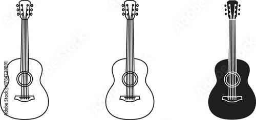 Set of acoustic guitars in different styles, detailed line art illustration, minimalist outline sketch, CAD drawing flat vector illustration