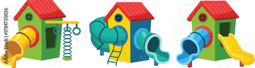 Colorful playground equipment, kids play area, tunnel slides, climbing structures, outdoor fun, red roof playhouses, vibrant design, physical activity, safe play zone