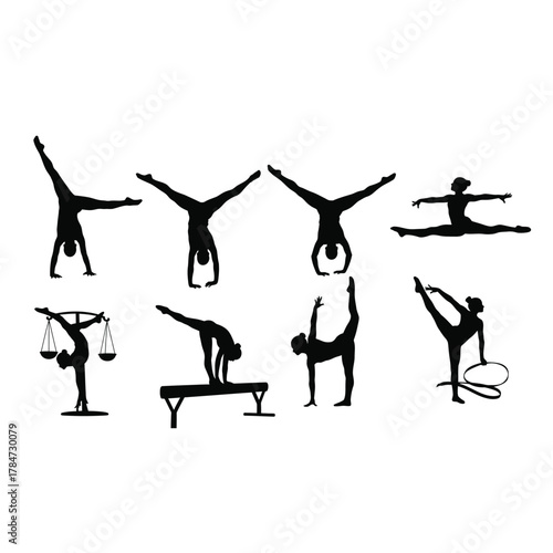 Gymnastic silhouettes collection of athlete performing acrobatic exercises on balance beam and floor