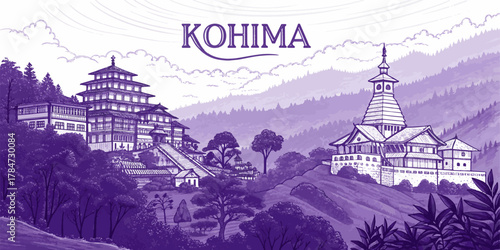 Kohima City Skyline Illustration with Naga Culture and Heritage Landmarks – Perfect for Travel Blogs, Posters, and Tourism Campaigns