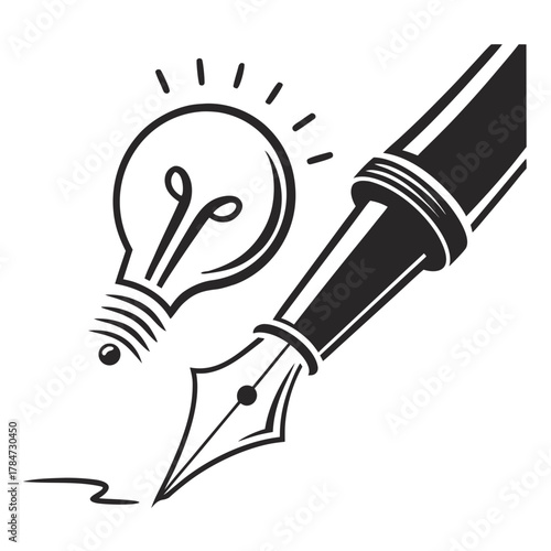 Fountain pen creating a light bulb idea symbol