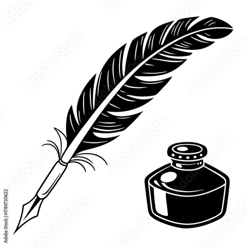 Classic quill pen and inkwell illustration