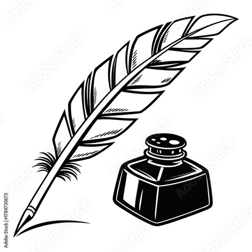 Vintage quill pen and inkwell illustration