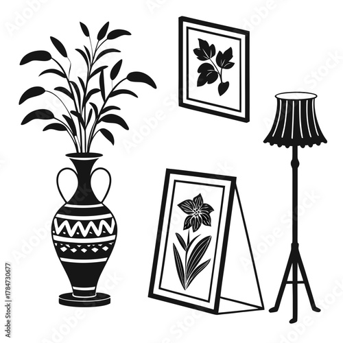 Interior design elements silhouette vase with plant framed art and floor lamp