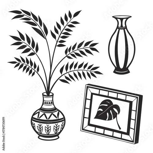 Black and white illustration of home decor items including a vase with branches and a framed leaf