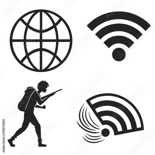 Collection of four black and white icons representing global connection and wireless technology